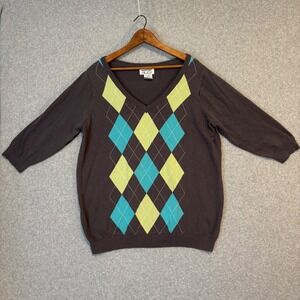 y2k Mainstreet Blues Women's Gray 3/4 Sleeve‎ Argyle Sweater 1X Gray Blue Green